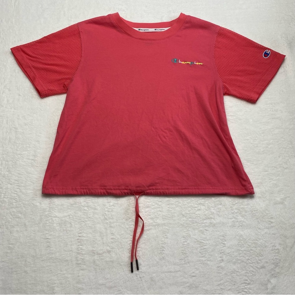 Champion Women’s Draw String Short Mesh Sleeve Tee Coral Pink SZ Small